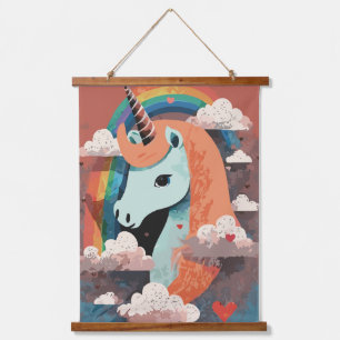 Tapisserie Suspendue Unicorne sous arc-en-ciel et parmi les coeurs