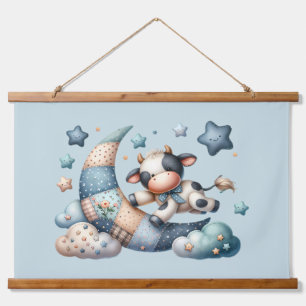 Tapisserie Suspendue Vache patchwork mignonne sur la lune avec des étoi