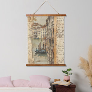 Tapisserie Suspendue Venise Canal Vintage avec Écriture Manuscrite