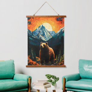 Tapisserie Suspendue Verre tendu Faune Montagne Ours couché de soleil