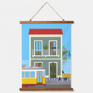 Tapisserie Suspendue Vieille maison de Lisbonne avec chats et tramway j