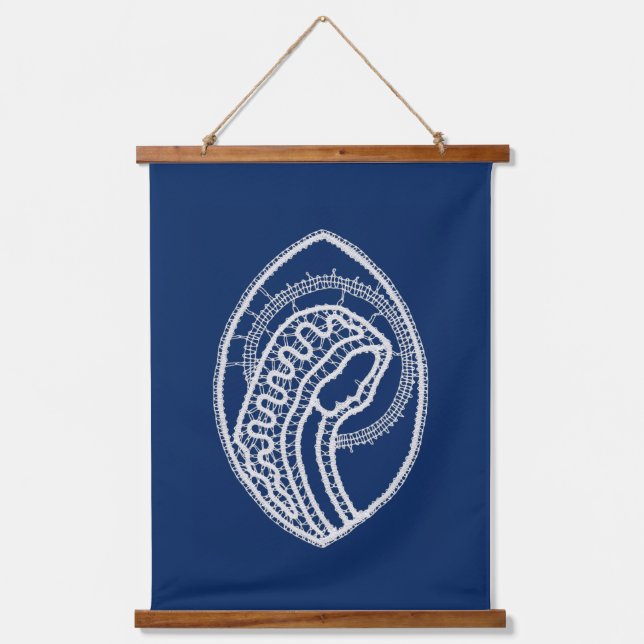 Tapisserie Suspendue Vierge Marie, dentelle blanche, bleu marine (Recto)