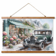 Voiture Vintage et Charming Flower Shop Aquarelle