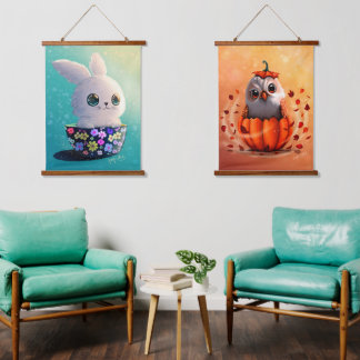 Tapisserie Suspendue wildlife cute Forest animals : Owl, & Rabbit