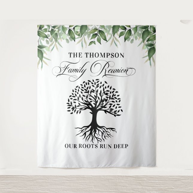 Tapiz Family reunion greenery tree backdrop banner Tapestry (Front)