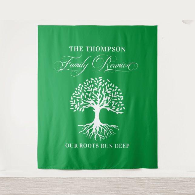 Tapiz Family reunion tree backdrop banner green Tapestry (Front)