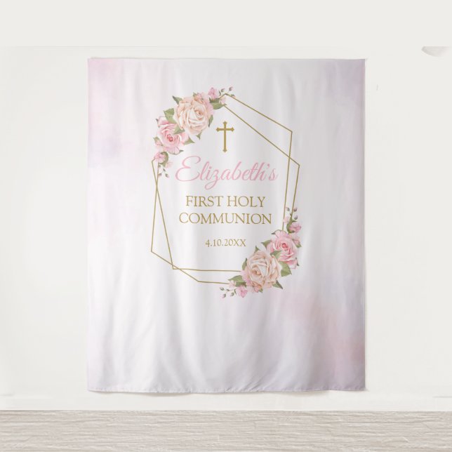 Tapiz Pink Floral Communion Backdrop Tapestry (Front)