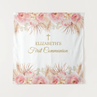 Tapiz Pink Floral First Communion Backdrop banner