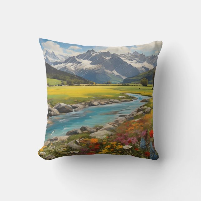 Tarasp With Colourful Wildflowers and Meadows Throw Pillow (Front)