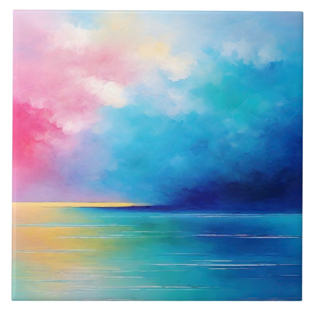 “Tarfarran”  Pink and Blue Landscape Seascape Tile (Front)