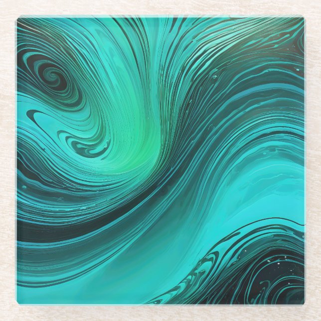 "Tarifa" Blue Swirls Waves Glass Coaster (Front)