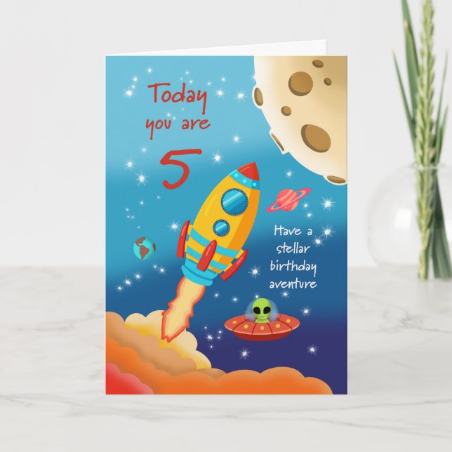 Tarjeta 5th Birthday Stellar Adventure Space Rocke Card (Front)