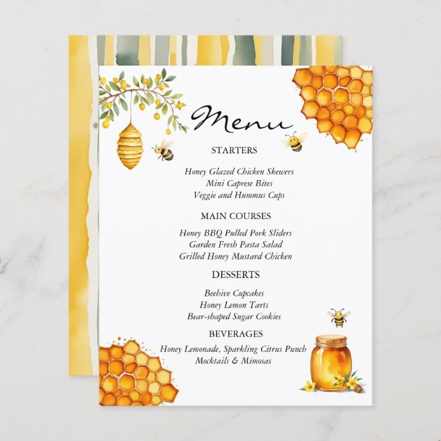 Tarjeta de menú Baby Shower Bee Honey Bear (Front/Back)