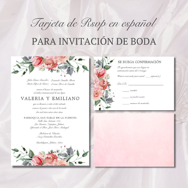 Tarjeta de RSVP de boda rosa elegante Spanish RSVP (Tarjeta de RSVP en español con flores rosados)