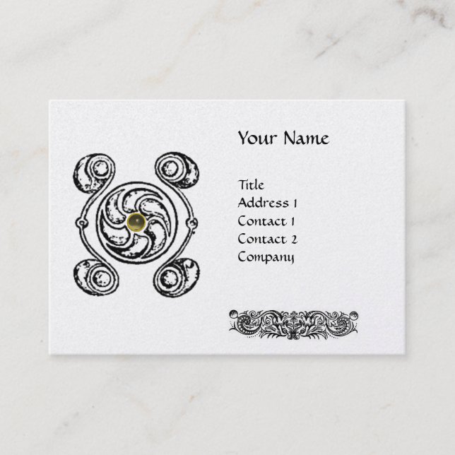 TAROT BLACK WHITE CELTIC DRAWING GREY GEM MONOGRAM BUSINESS CARD (Front)