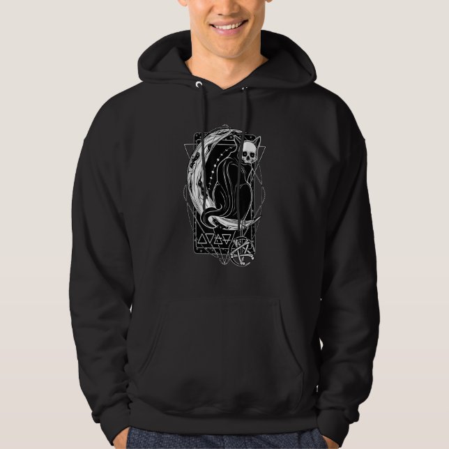 Tarot Card Crescent Moon And Black Cat Skull Goth  Hoodie (Front)