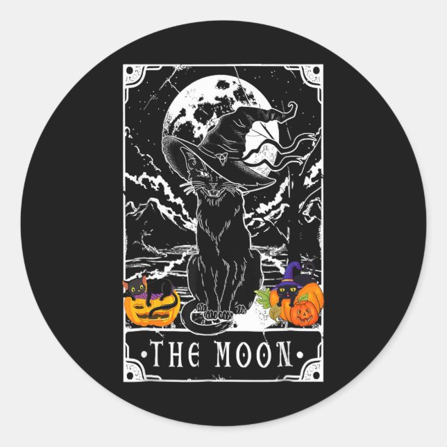 Tarot Card Crescent Moon And Black Cat Witch Hat H Classic Round Sticker (Front)