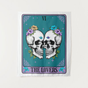 Tarot Card The Lovers with skulls and flowers Tapestry