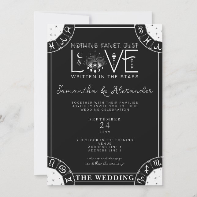 Tarot Celestial Wedding Zodiac Sign Evil Eye Black Invitation (Front)