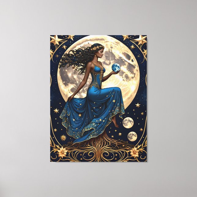 tarot girl holding roots and moon - painting  canvas print (Front)