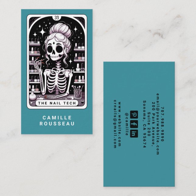 Tarot Nail Technician Rose Teal Business Card (Front/Back)