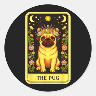 Tarot Pug Card Floral Crown Sun Moon Stars Art Classic Round Sticker
