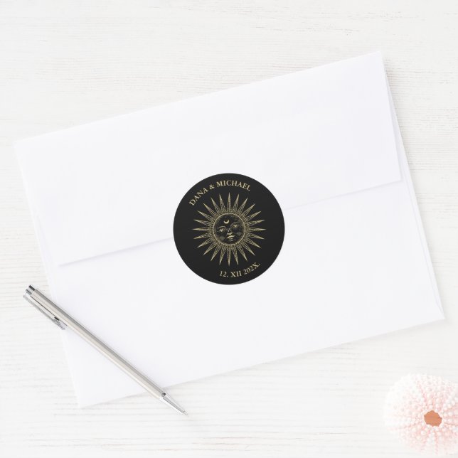 Tarot Vintage Sun Black Gold Classic Round Sticker (Envelope)