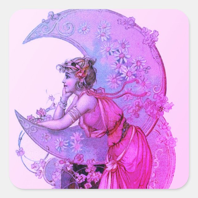 TAROTS/ LADY OF MOON WITH FLOWERS PINK PURPLE SQUARE STICKER (Front)