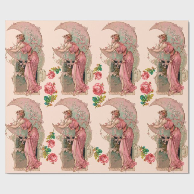 TAROTS / LADY OF THE MOON, FLOWERS AND PINK ROSES WRAPPING PAPER (Flat)