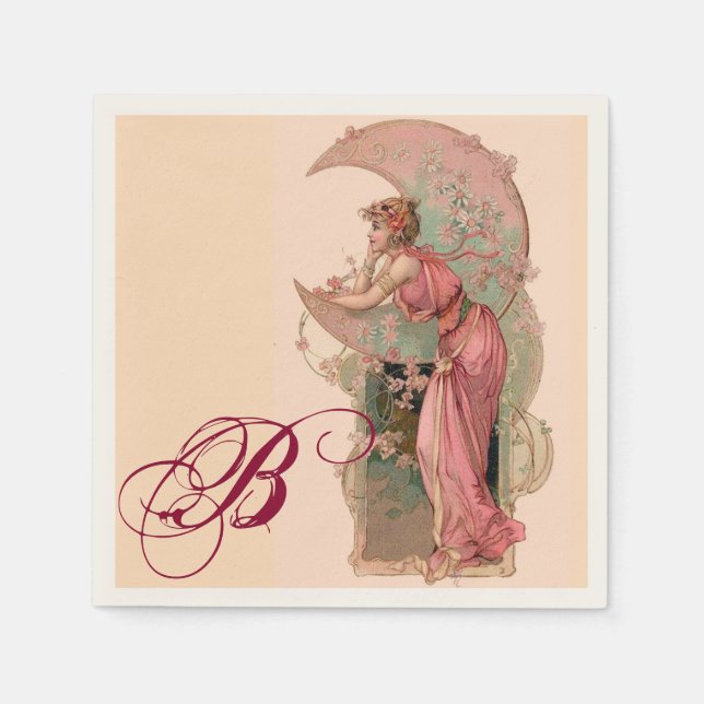 TAROTS/ LADY OF THE MOON, FLOWERS IN PINK MONOGRAM NAPKIN (Front)
