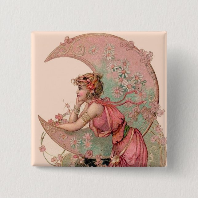 TAROTS / LADY OF THE MOON WITH FLOWERS IN PINK 2 INCH SQUARE BUTTON (Front)