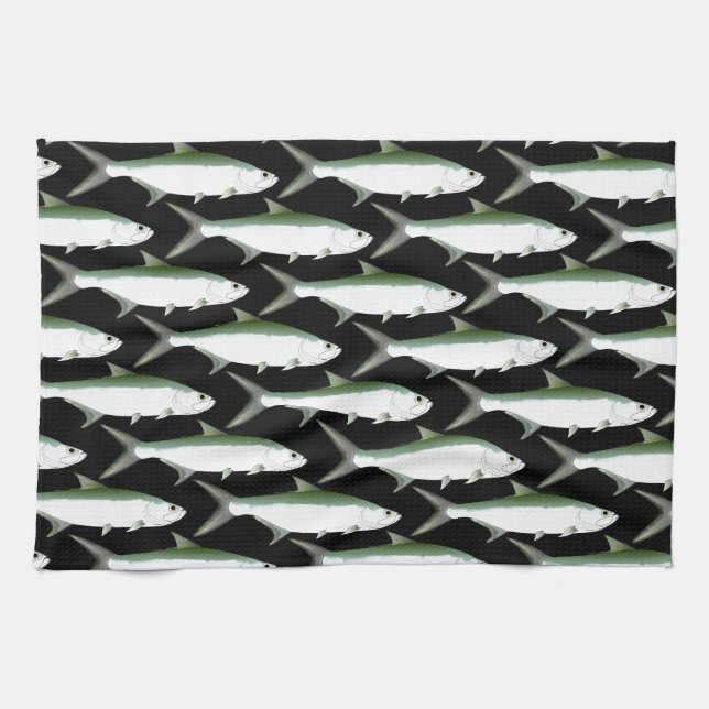 Tarpon pattern on black kitchen towel (Horizontal)