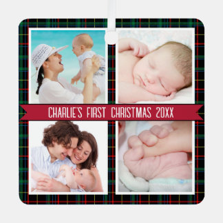 Tartan 4 Photo Collage Baby's First Christmas  Metal Ornament