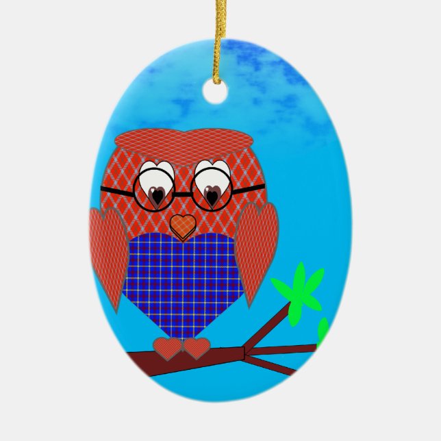 Tartan and Hearts Owl Ceramic Ornament (Front)