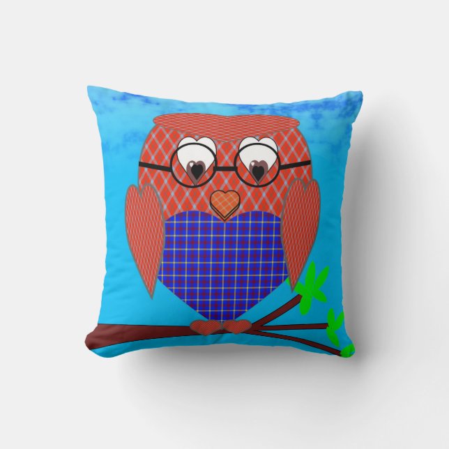 Tartan and Hearts Owl Throw Pillow (Front)