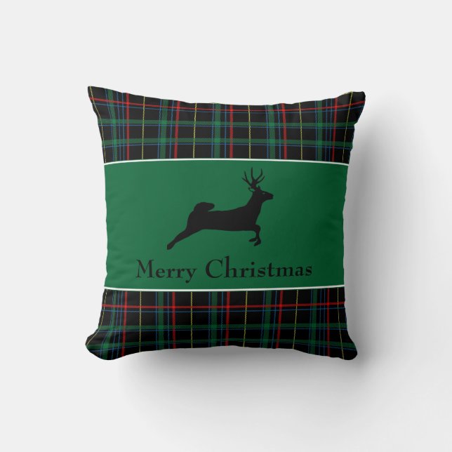 Tartan and Reindeer Christmas Throw Pillow (Front)