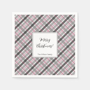Tartan Balmoral Black Grey Burgundy Monogrammed Napkin