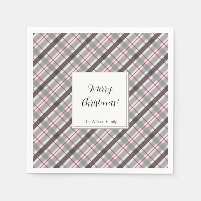 Tartan Balmoral Black Grey Burgundy Monogrammed Napkin (Front)