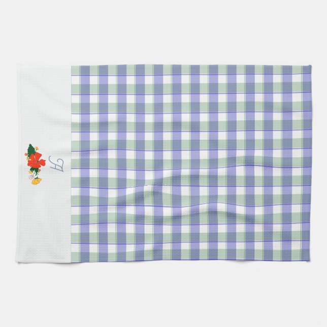 Tartan blue green wildflower pattern initial kitchen towel (Horizontal)