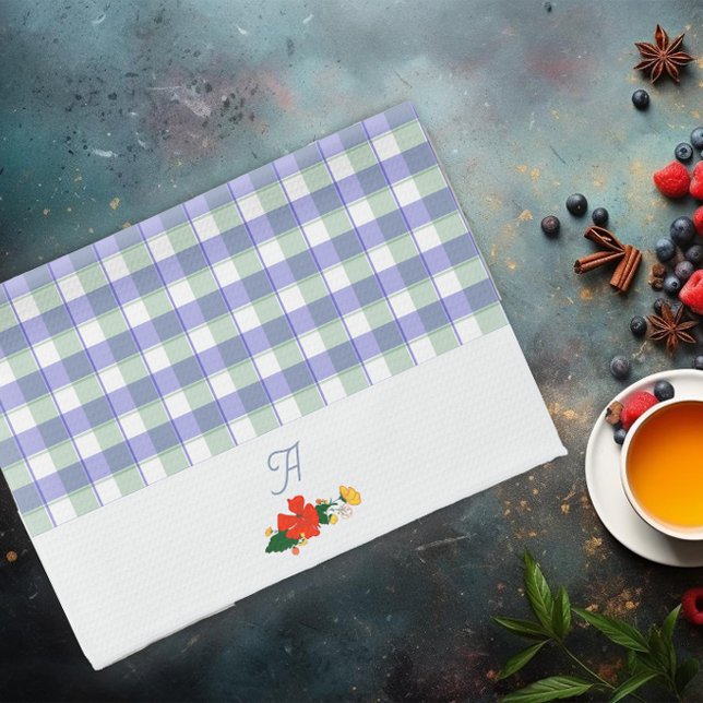 Tartan blue green wildflower pattern initial kitchen towel (Creator Uploaded)