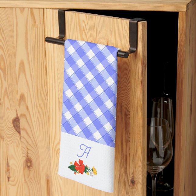 Tartan blue simple wildflower pattern  kitchen towel (Thirds Fold)