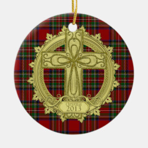 Tartan Celtic Cross Christmas Xmas Photo Template Ceramic Ornament