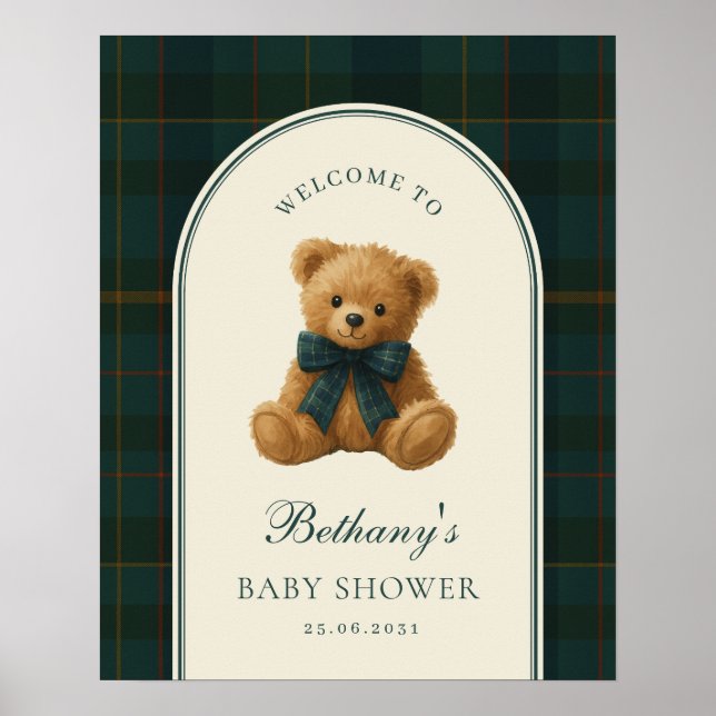 Tartan Check Teddy Bear Baby Shower Welcome Poster (Front)