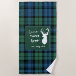 Tartan Christmas Clan Campbell Personalized Plaid Beach Towel<br><div class="desc">Cute home sweet home beach towel you can easily customize by clicking the "Personalize" button,  Featuring deer silhouette and clan Campbell tartan in green,  and blue check. 
Makes a great housewarming gift</div>
