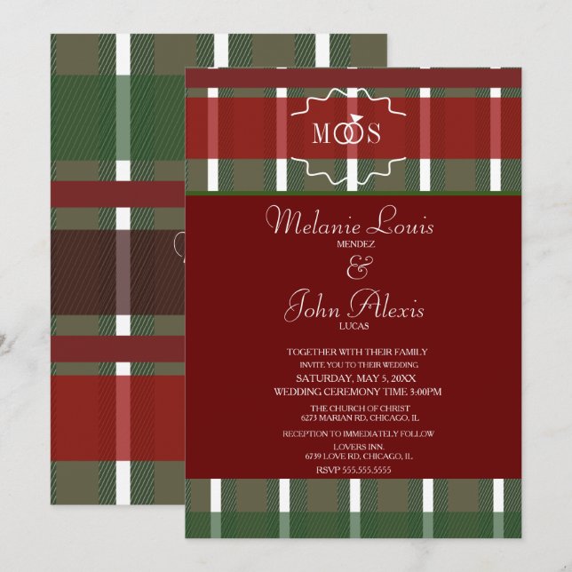 Tartan Christmas Plaid Winter Burgundy Wedding  Invitation (Front/Back)