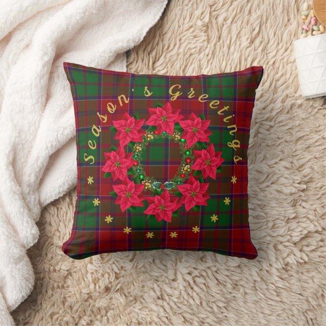 Tartan Christmas Season's Greeting Poinsettia  Throw Pillow (Blanket)