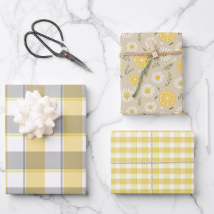 Tartan daisy lemon yellow beige set wrapping paper