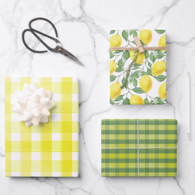 Tartan daisy lemon yellow green set wrapping paper (Front)