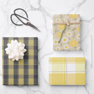 Tartan daisy lemon yellow grey set wrapping paper
