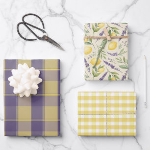 Tartan daisy lemon yellow lavender wrapping paper